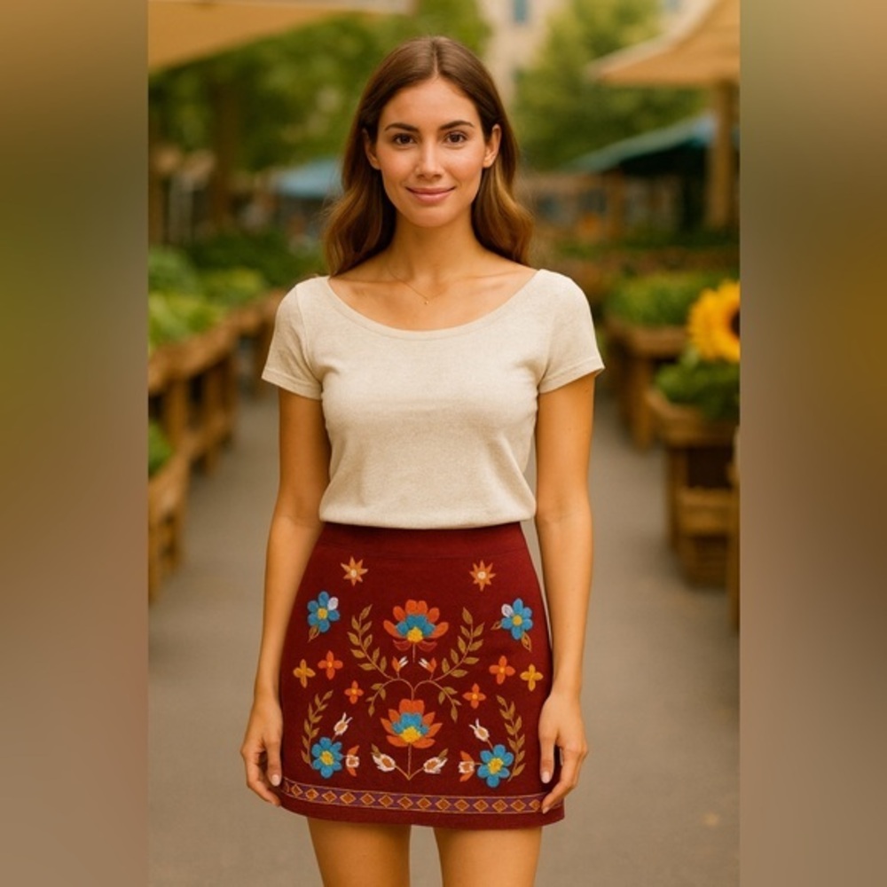 Flying Tomato Women's Burgundy Velvet-like Embroidered Floral Design EUC S #1194